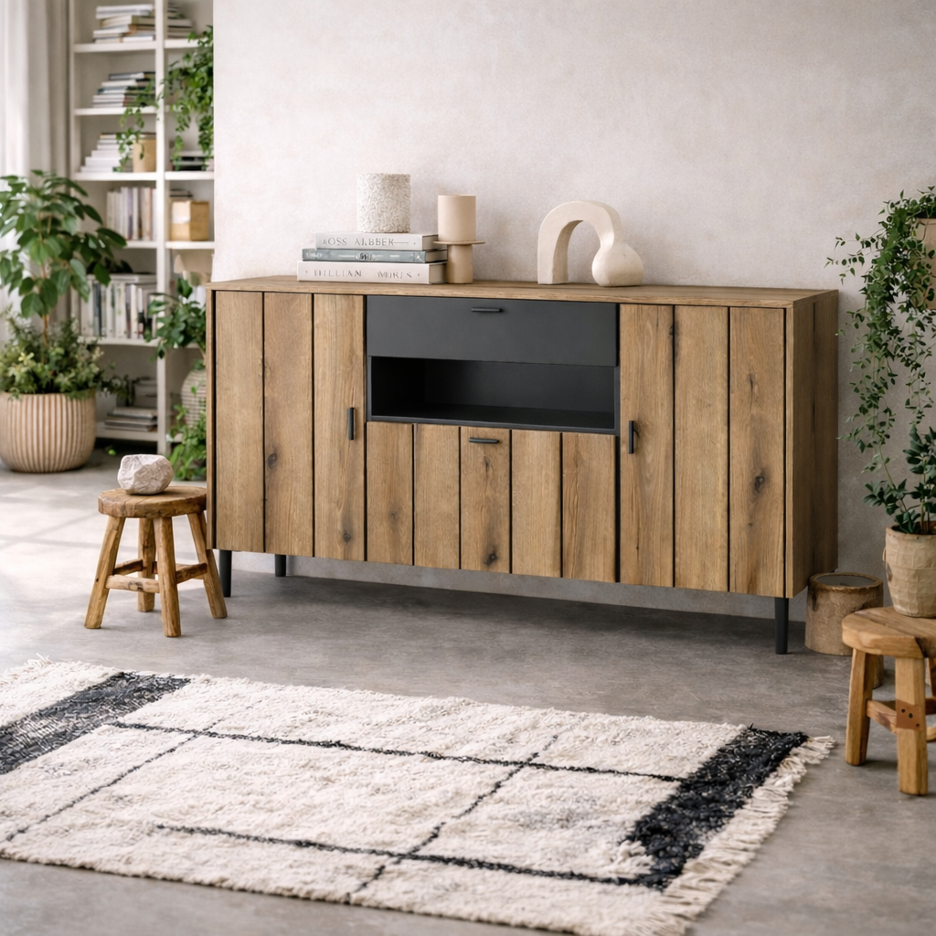 Nightbloom Grey and Oak Effect Wood Panelled Sideboard 3 Door 1 Drawer