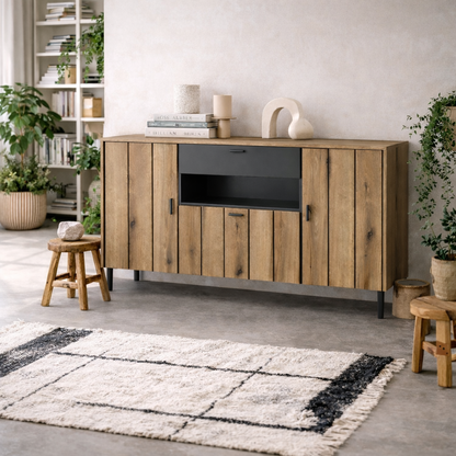 Nightbloom Grey and Oak Effect Wood Panelled Sideboard 3 Door 1 Drawer