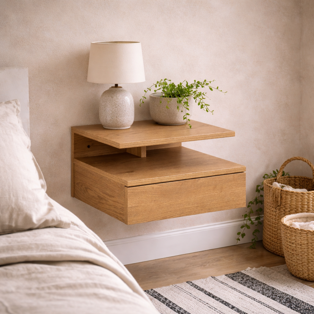 Lincoln Wild Oak Effect Wood Floating Bedside Table 1 Drawer Open Shelf