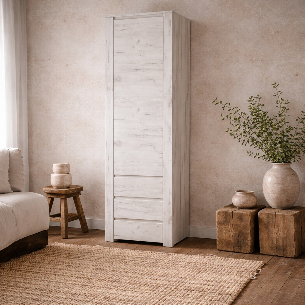 Norwich Tall Narrow Aged Effect Soft Grey Wood Veneer Cupboard 1 Door 3 Drawer