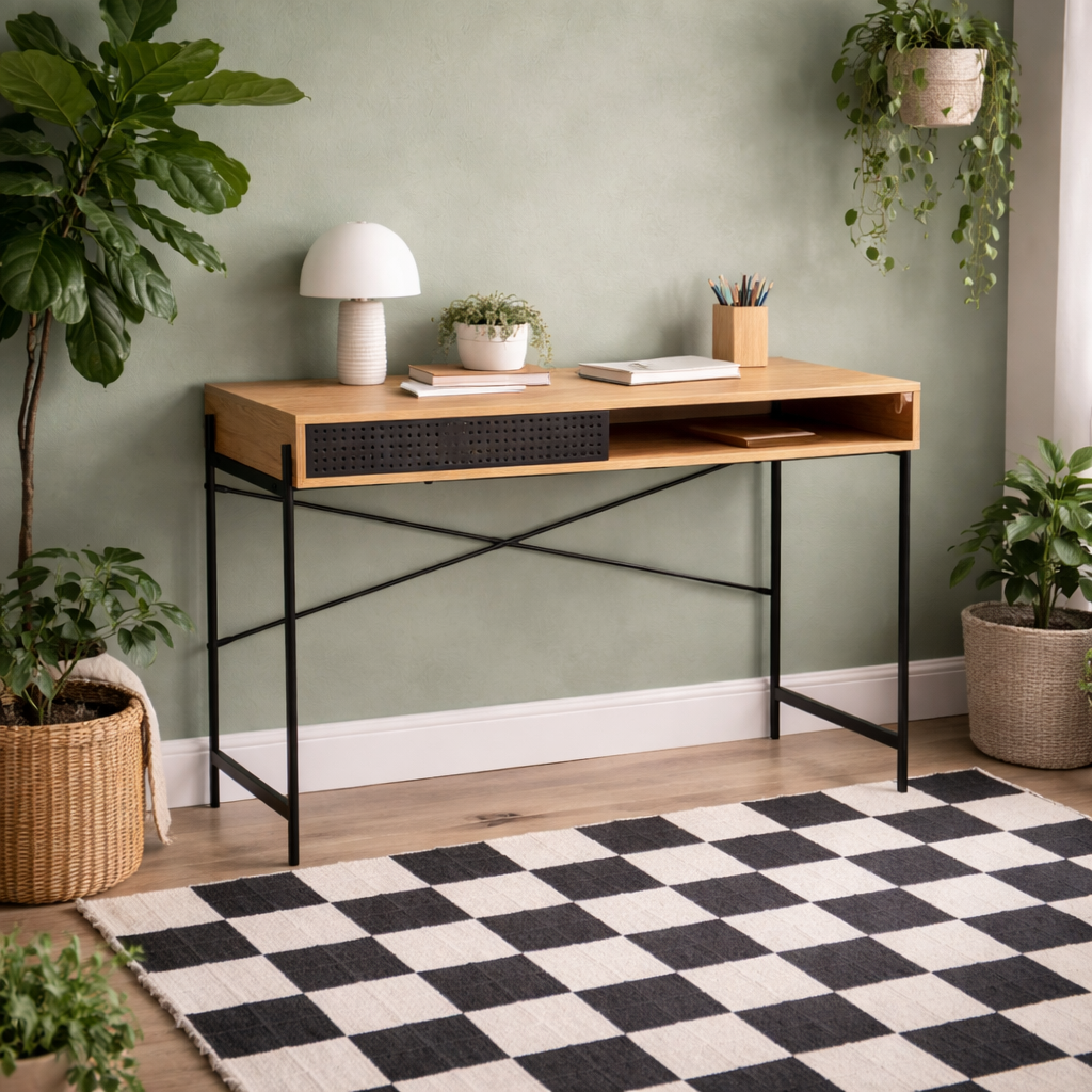 Cambridge Black and Oak Wood Office Desk Sliding Mesh Door