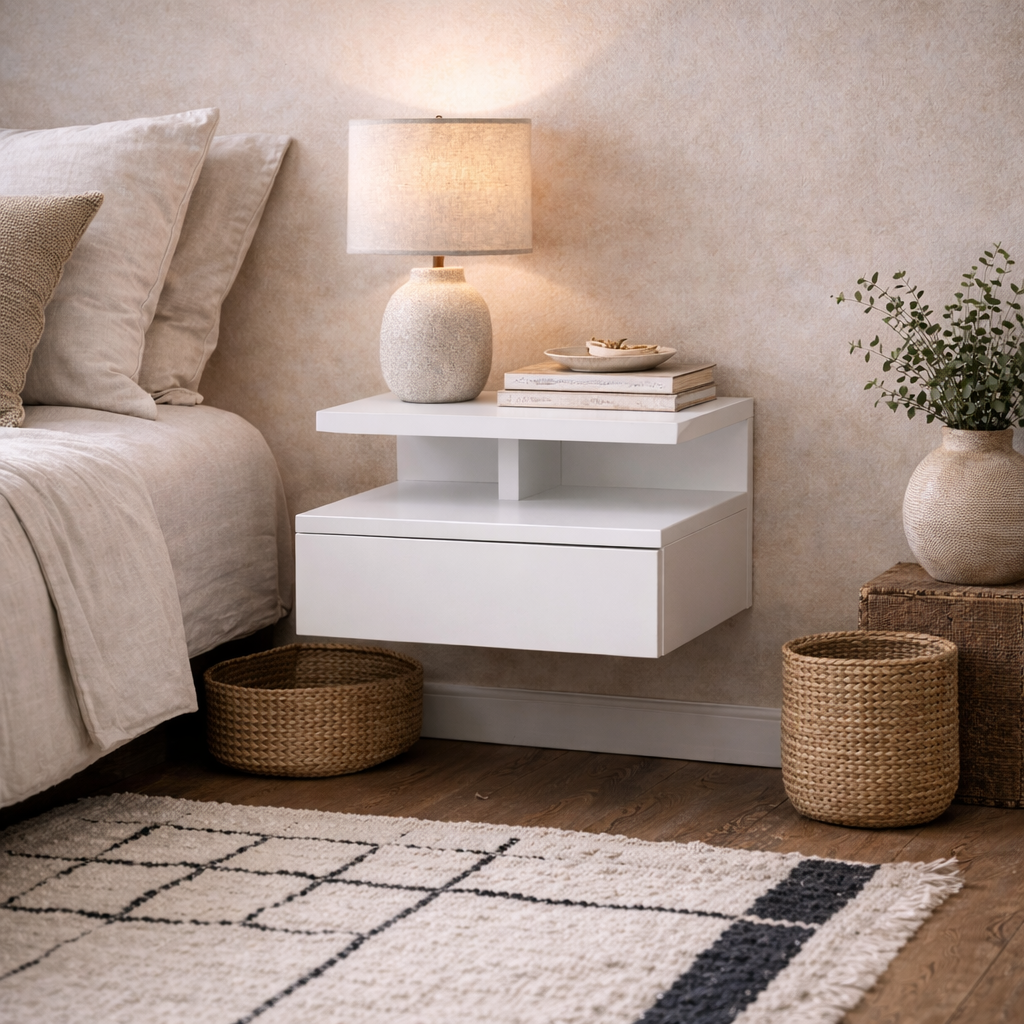 Lincoln White Wooden Floating Bedside Table 1 Drawer Open Shelf