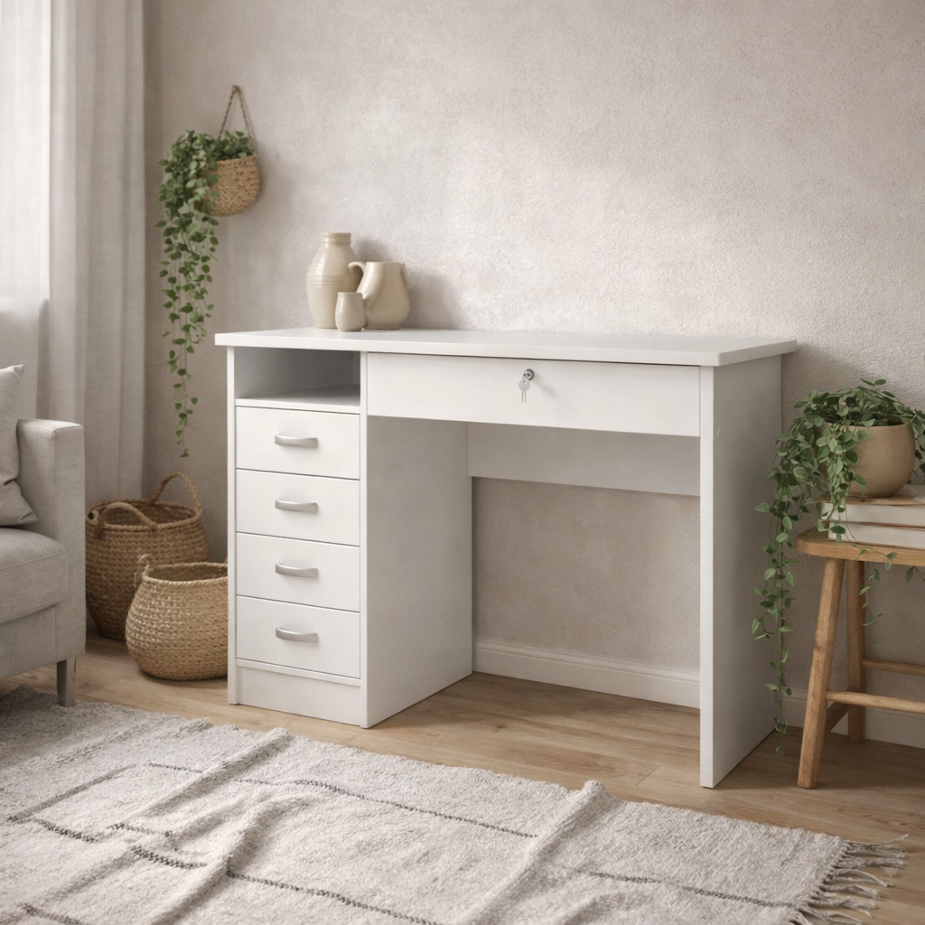 Billabong White Wooden Office Desk 5 Drawers