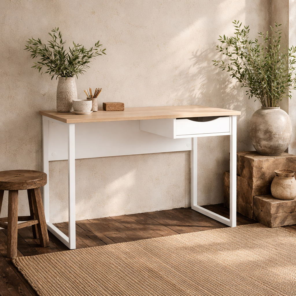 Billabong White Wooden and Natural Oak Desk 1 Drawer