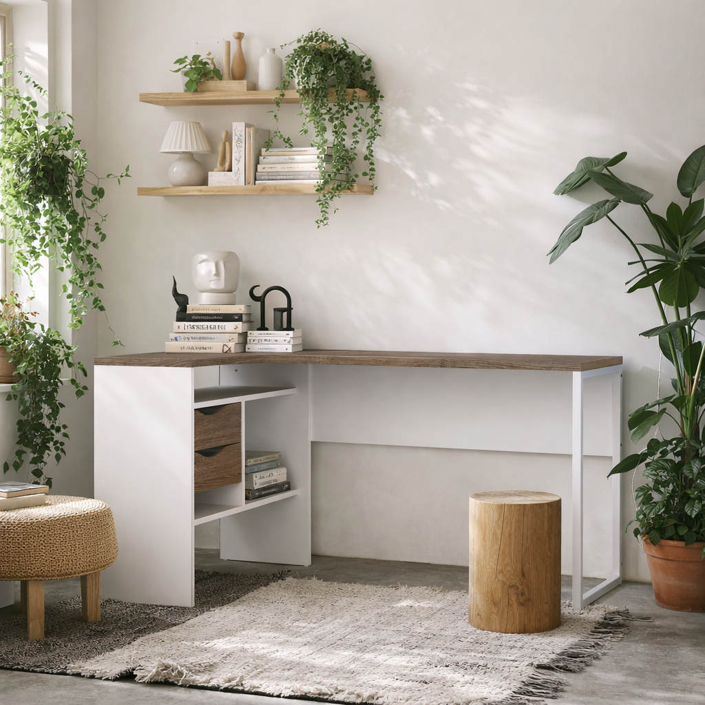 Billabong White and Truffle Oak Corner Office Desk 2 Drawers