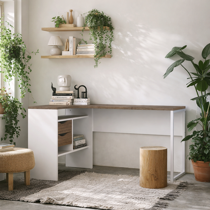 Billabong White and Truffle Oak Corner Office Desk 2 Drawers