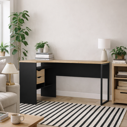 Billabong Black and Natural Oak Wood Corner Office Desk 2 Drawers
