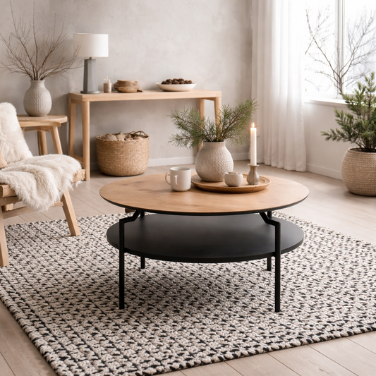 Fuglebjerg Round Coffee Table Oak Top Black Metal Legs Bottom Shelf