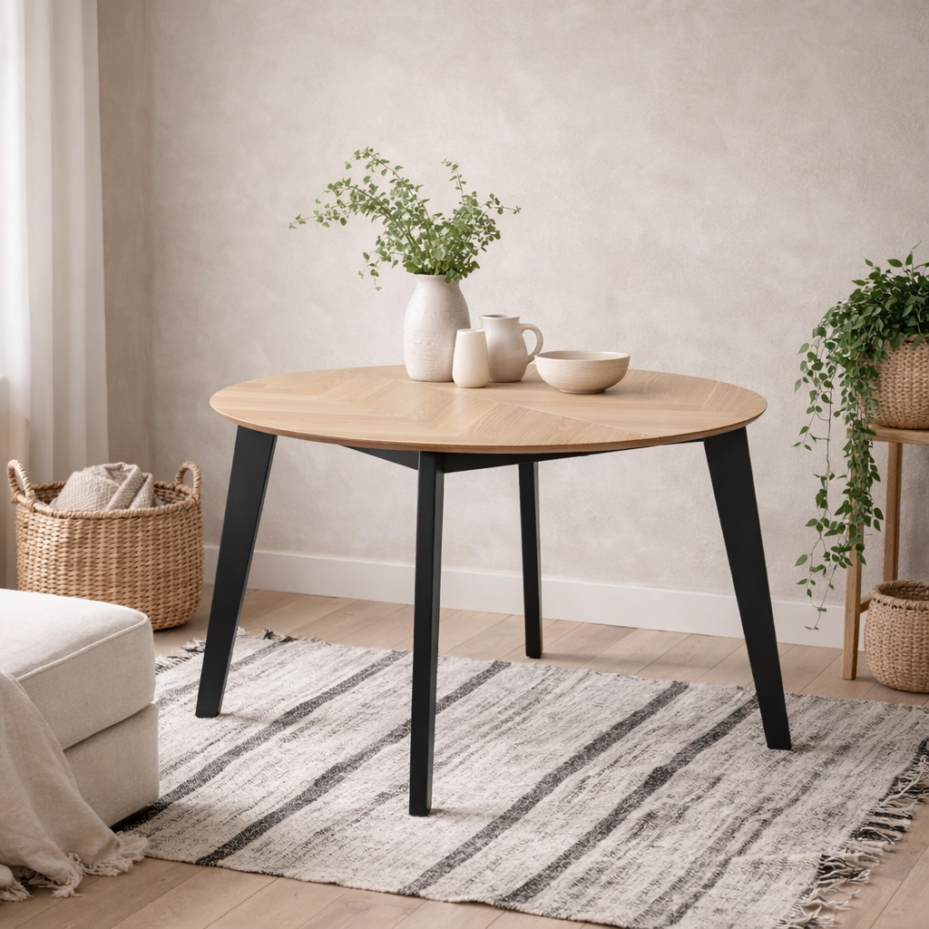 Hedehusene Natural Oak Wood Round Dining Table Black Legs