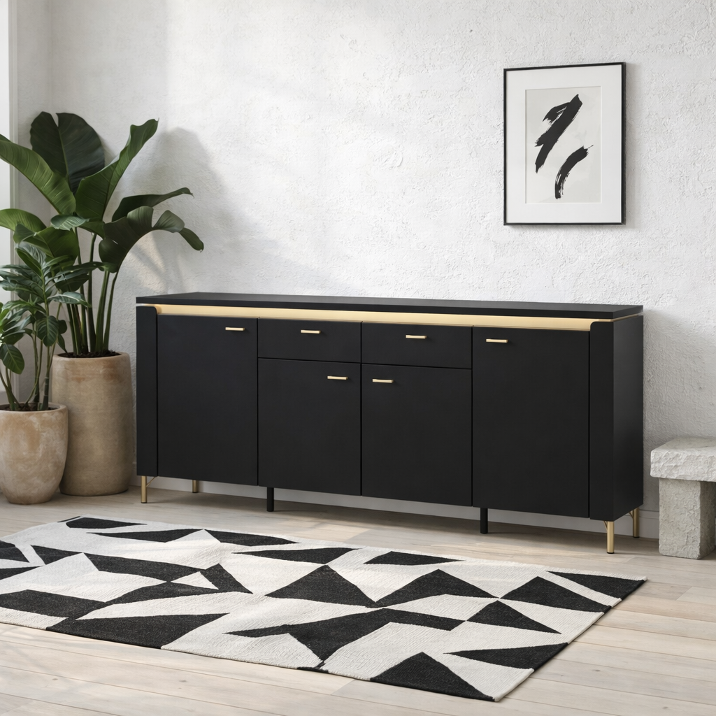 Marslet Black and Gold Sideboard 4 Door 2 Drawer with LED Lights