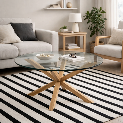 Perth Smoked Glass Round Coffee Table Natural Oak Effect Legs