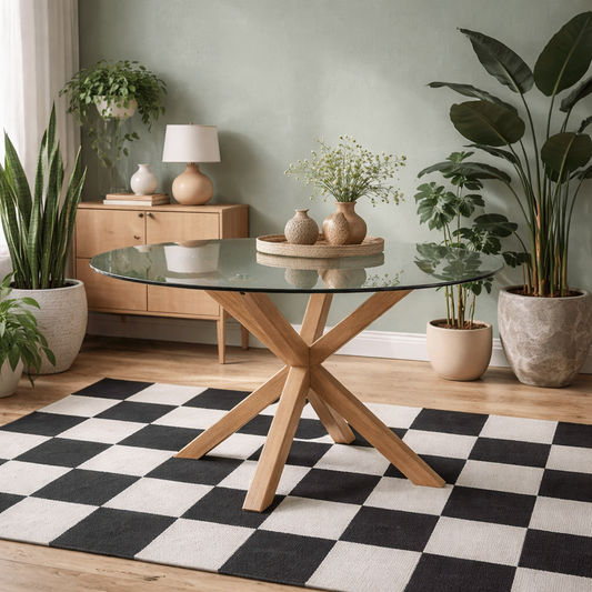 Perth 119cm Clear Glass Round Dining Table Natural Oak Effect Legs