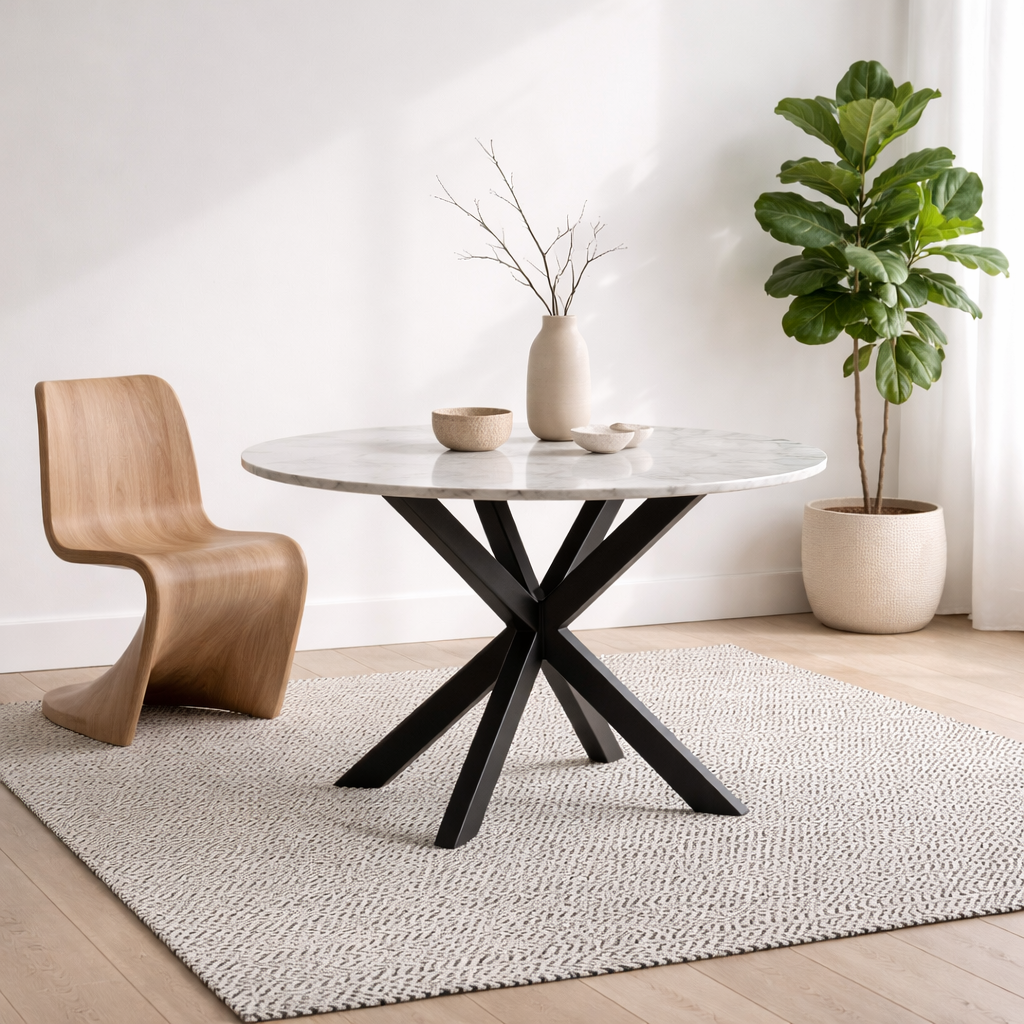 Perth 110cm White Polished Marble Round Dining Table Industrial Black Metal Legs