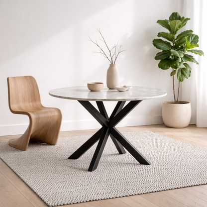 Perth 110cm White Polished Marble Round Dining Table Industrial Black Metal Legs
