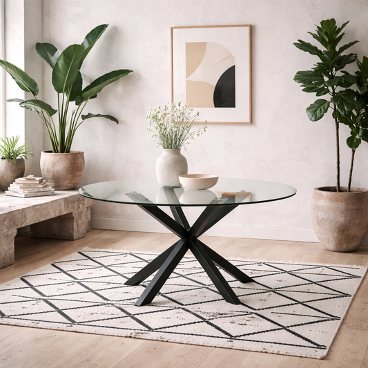 Perth 119cm Clear Glass Round Dining Table Industrial Black Metal Legs