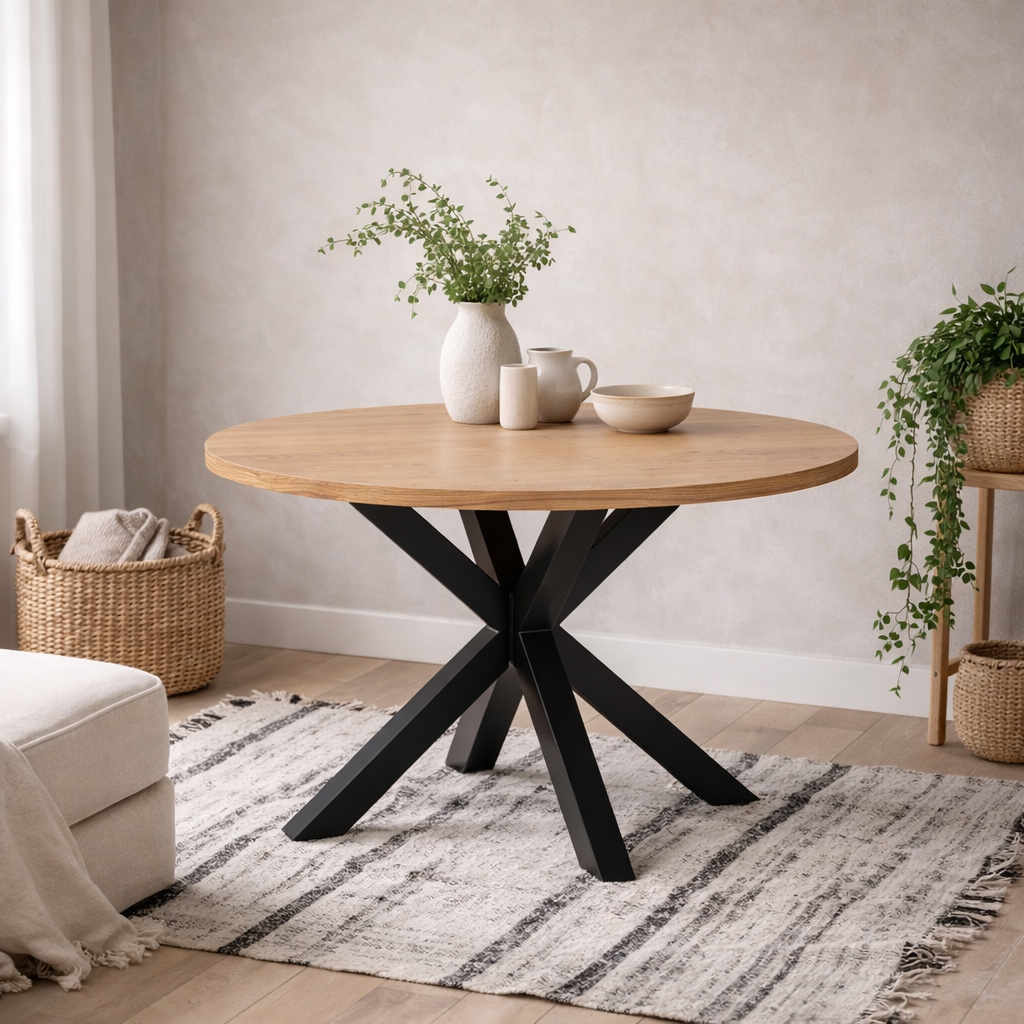 Perth 120cm Natural Oak Veneer Round Dining Table Industrial Black Metal Legs