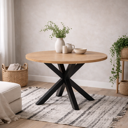 Perth 120cm Natural Oak Veneer Round Dining Table Industrial Black Metal Legs