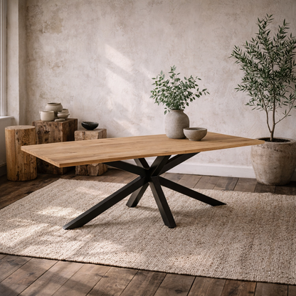 Perth 220cm Natural Oak Veneer Rectangular Dining Table Industrial Black Metal Legs