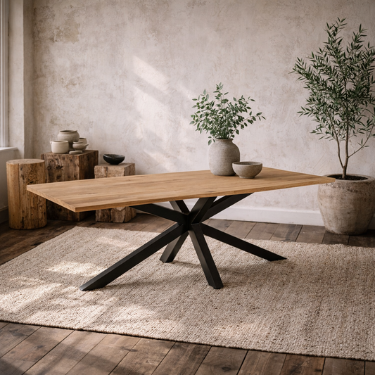 Perth 220cm Natural Oak Veneer Rectangular Dining Table Industrial Black Metal Legs