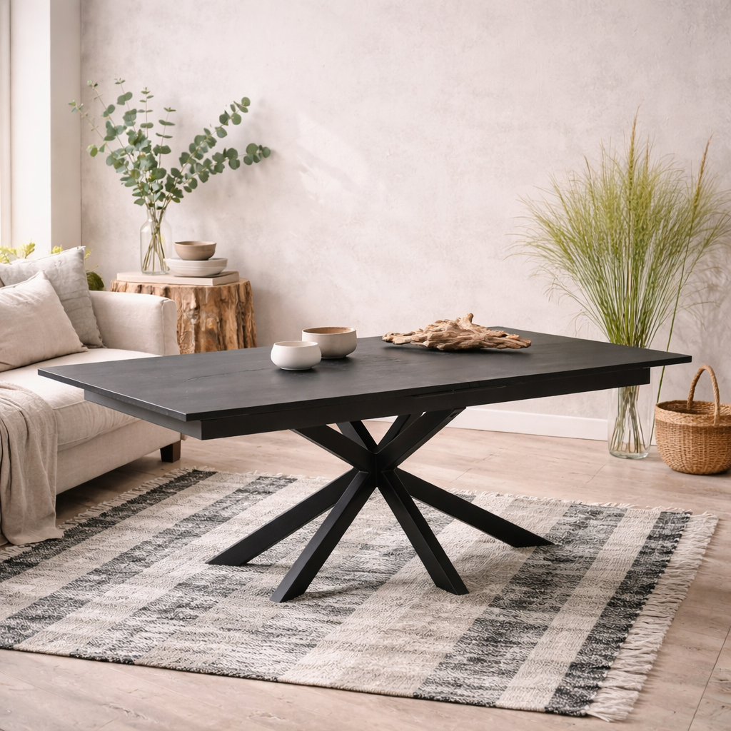 Perth 200cm Black Ceramic Rectangular Dining Table Industrial Black Metal Legs