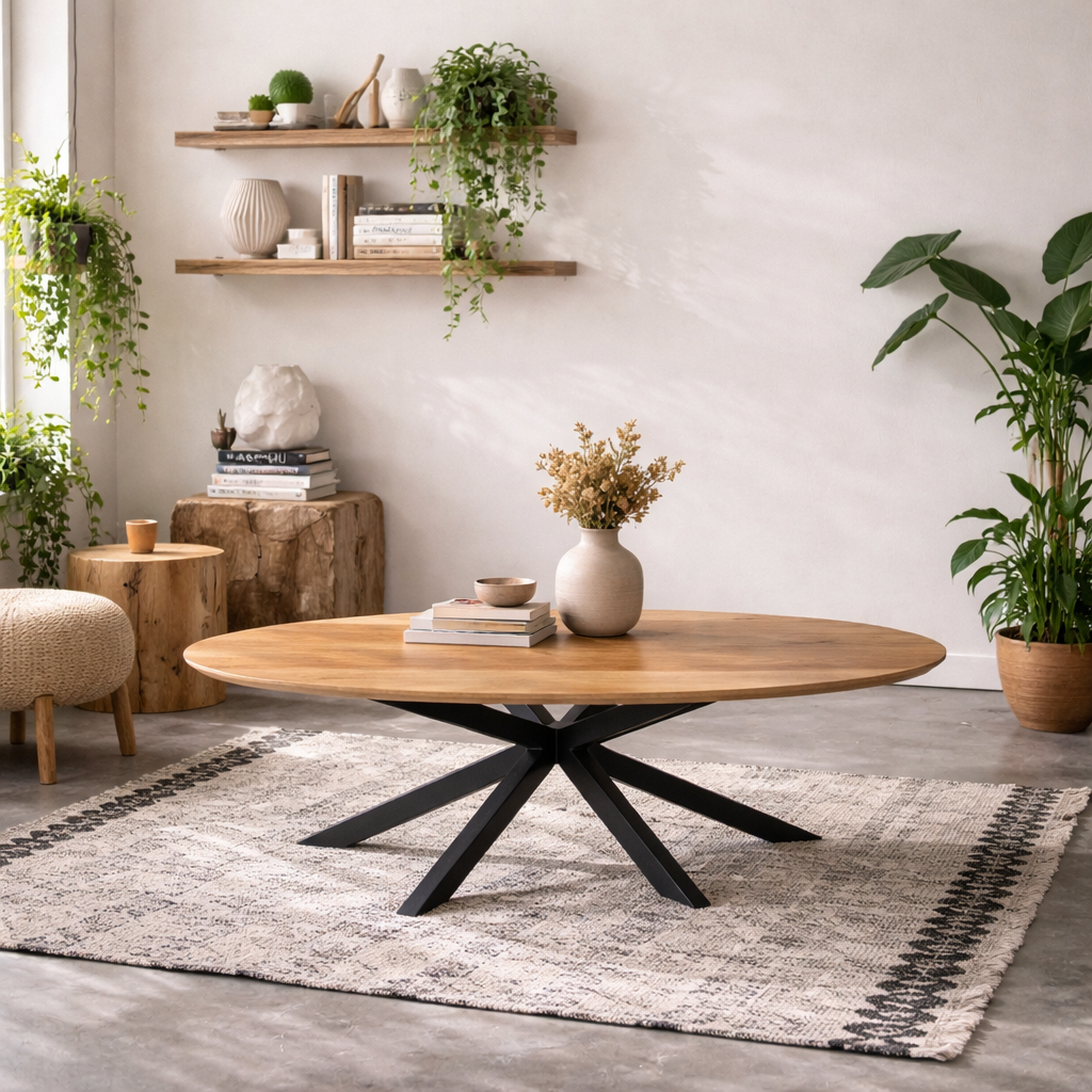 Perth 220cm Natural Oak Veneer Oval Dining Table Industrial Black Metal Legs