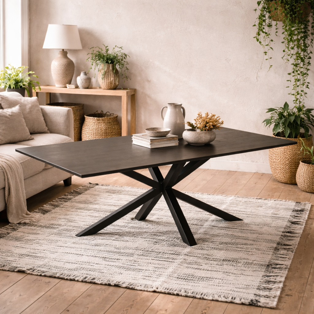 Perth 200cm Rusty Brown Ceramic Rectangular Dining Table Industrial Black Metal Legs