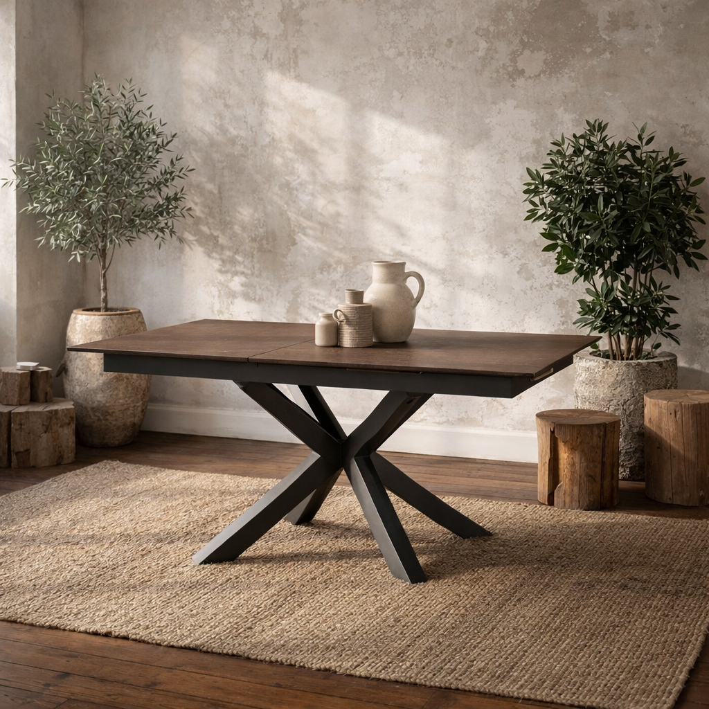 Perth 168cm Rusty Brown Ceramic Extendable Dining Table Industrial Black Metal Legs