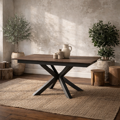 Perth 168cm Rusty Brown Ceramic Extendable Dining Table Industrial Black Metal Legs