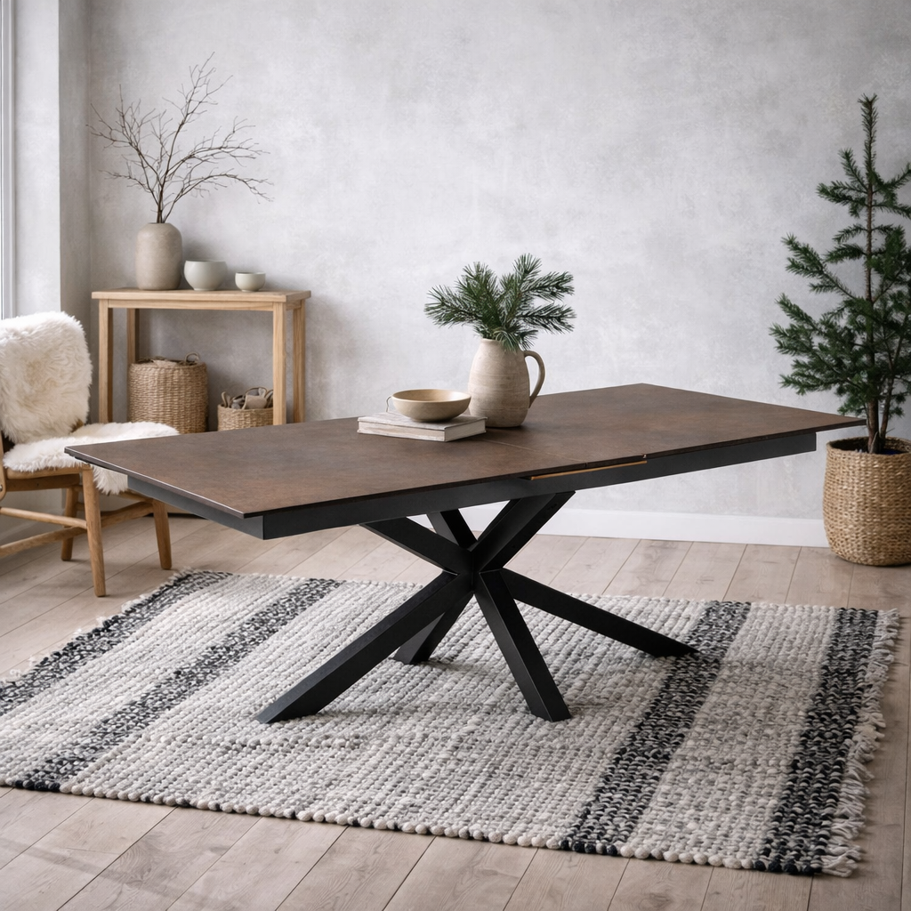 Perth 200cm Rusty Brown Ceramic Extendable Dining Table Industrial Black Metal Legs