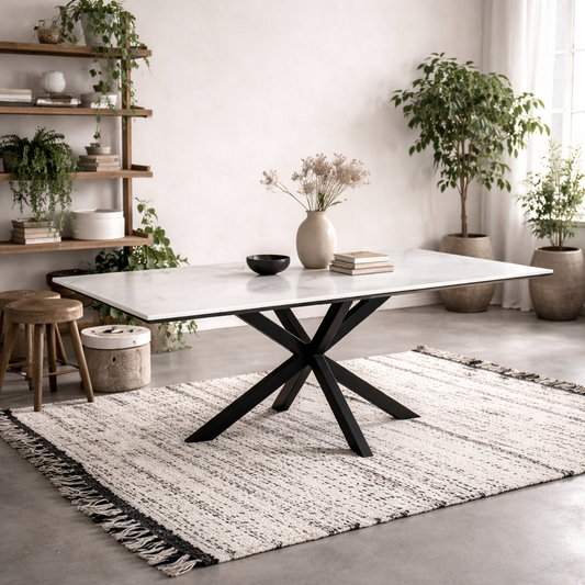 Perth 200cm White Ceramic Dining Table Industrial Black Metal Legs