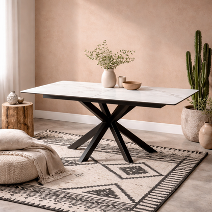 Perth 200cm White Ceramic Extendable Dining Table Industrial Black Metal Legs