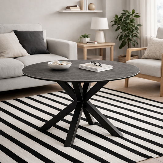 Perth 119cm Black Ceramic Round Dining Table Industrial Black Metal Legs