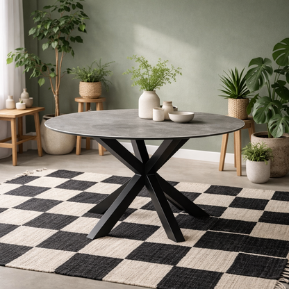 Perth 119cm Grey Ceramic Round Dining Table Industrial Black Metal Legs