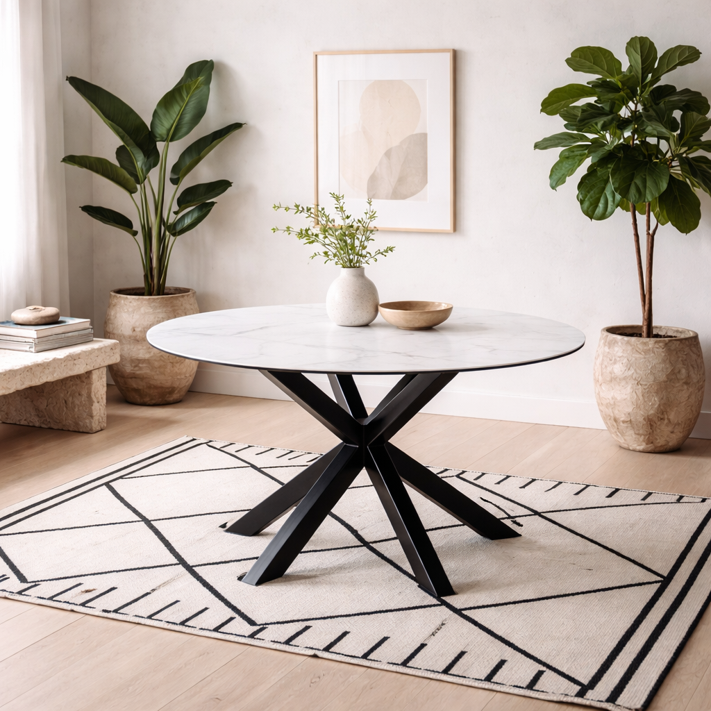 Perth 119cm White Ceramic Round Dining Table Industrial Black Metal Legs