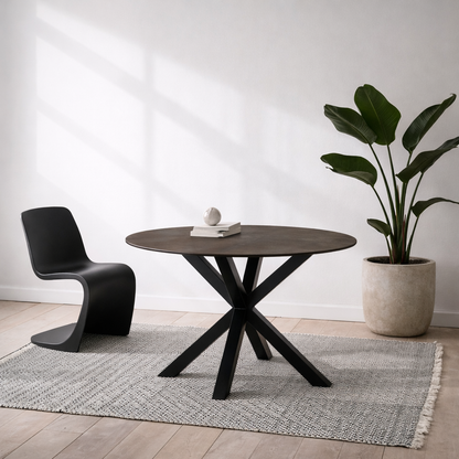 Perth 119cm Rusty Brown Ceramic Round Dining Table Industrial Black Metal Legs