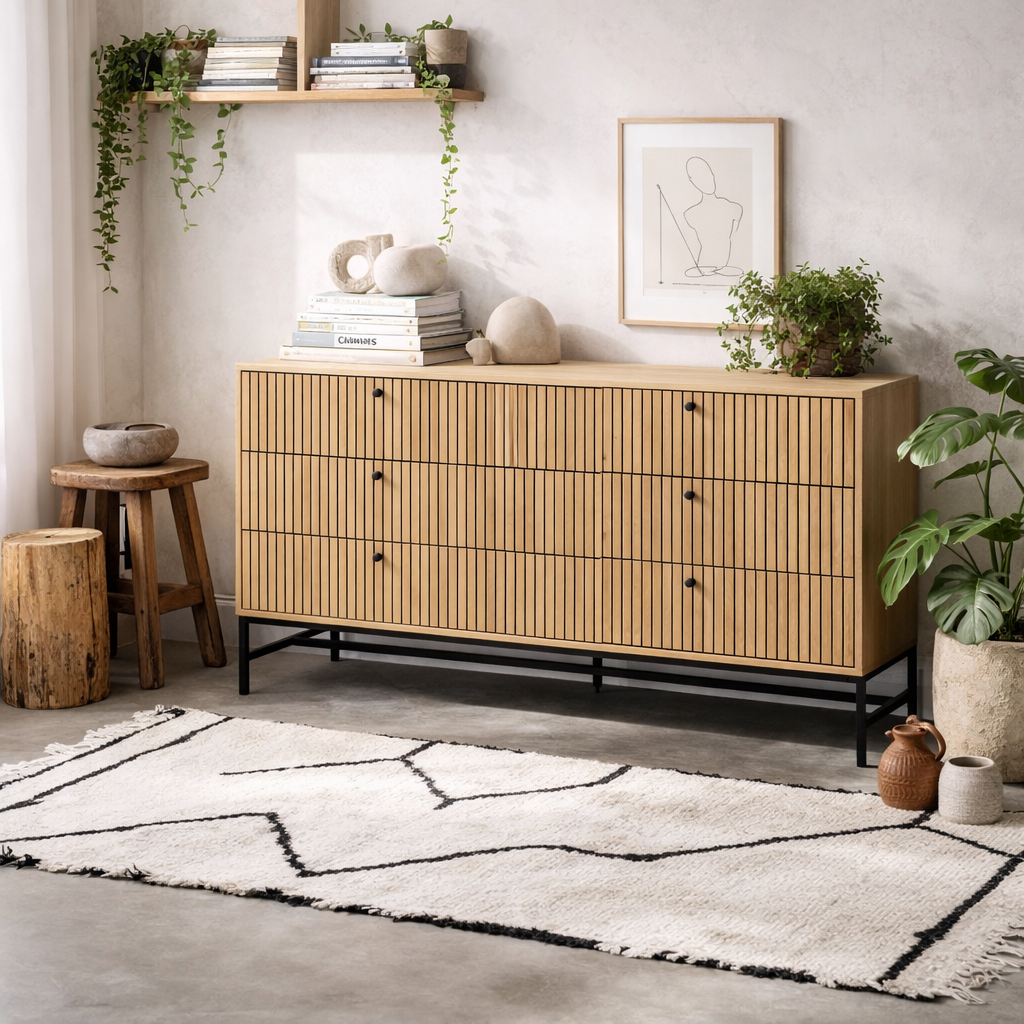 Bjork Natural Oak Wood and Black Panelled Wide Chest of 6 Drawers