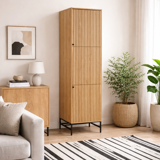 Bjork Natural Oak Wood and Black Panelled Wardrobe 2 Doors