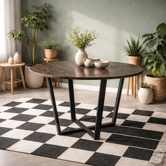 Stovring Brown Marble Effect Round Round Dining Table Black Legs