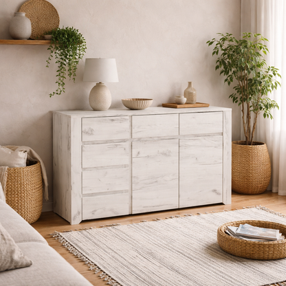 Norwich Aged Effect Soft Grey Wood Veneer 2 Door 6 Drawer Wide Storage Chest