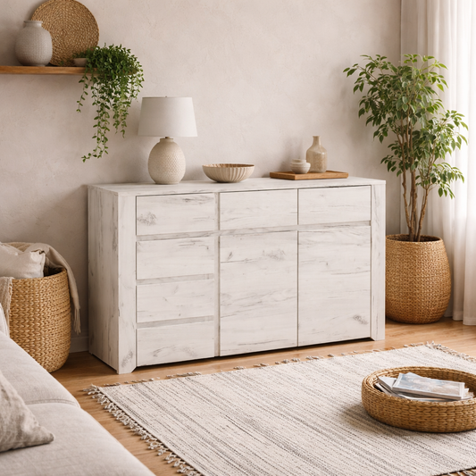 Norwich Aged Effect Soft Grey Wood Veneer 2 Door 6 Drawer Wide Storage Chest