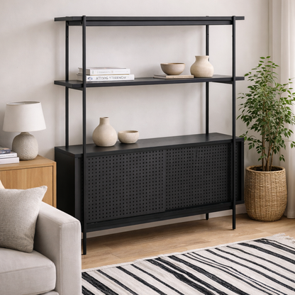 Cambridge Industrial Black Mesh Bookcase 2 Sliding Doors 2 Shelves