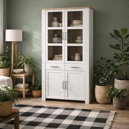 Klampenborg White and Natural Oak Effect Display Cabinet 4 Door 2 Drawer