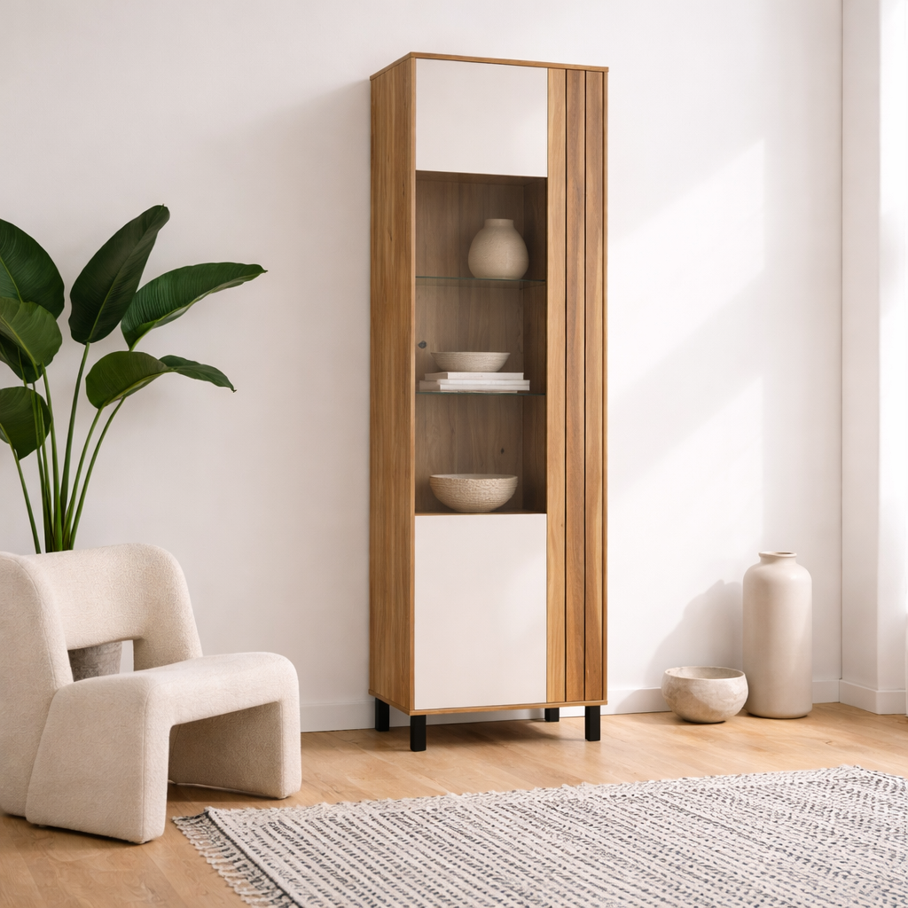 Pandrup Glass Door Display Cabinet in Cream and Oak