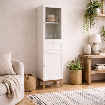 Niva Light Grey and Natural Oak Effect Display Cabinet 2 Doors 1 Drawer