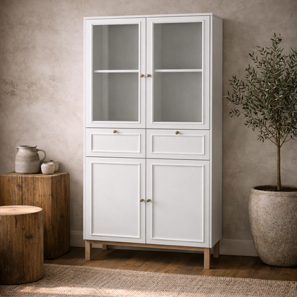 Niva Light Grey and Natural Oak Effect Display Cabinet 4 Doors 2 Drawers