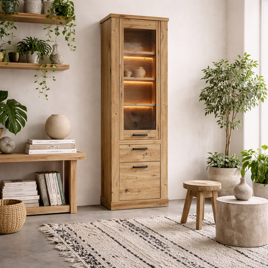 Coppermere Artisan Oak Effect Tall Display Cabinet 2 Doors 1 Drawer