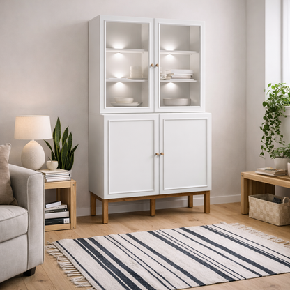 Niva Light Grey and Natural Oak Effect Display Cabinet with LED Lighting 4 Doors