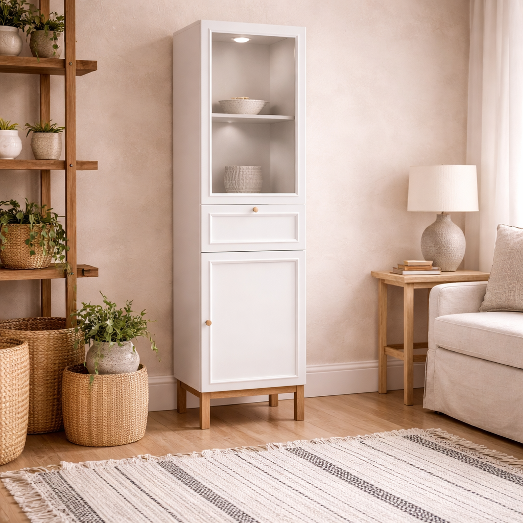 Niva Light Grey and Natural Oak Effect Display Cabinet with LED Lighting 2 Doors 1 Drawer