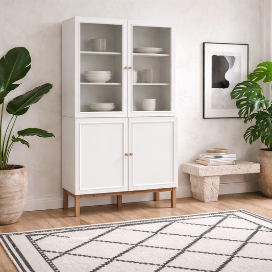 Niva Light Grey and Natural Oak Effect Display Cabinet 4 Doors