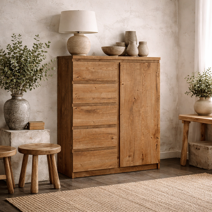 Hemingway Natural Oak Wood Storage Chest 1 Door 5 Drawer